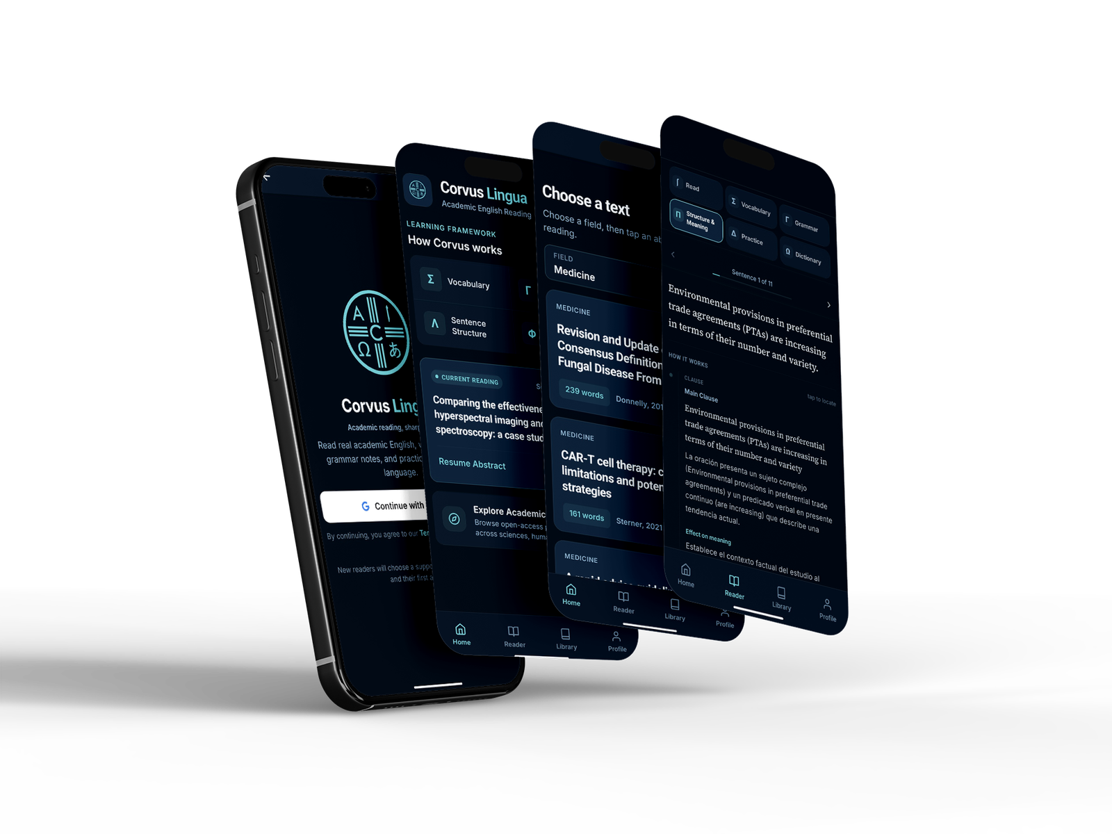 Corvus Lingua app screens