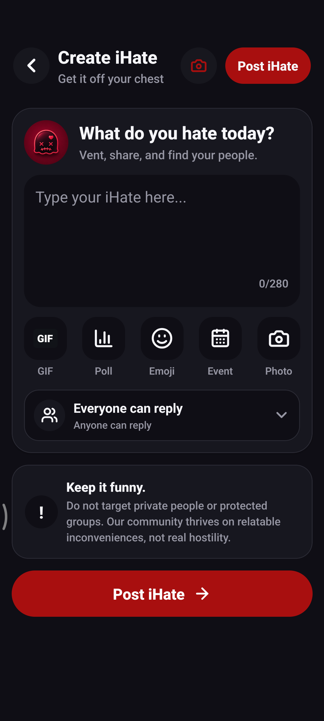 iHate create screen